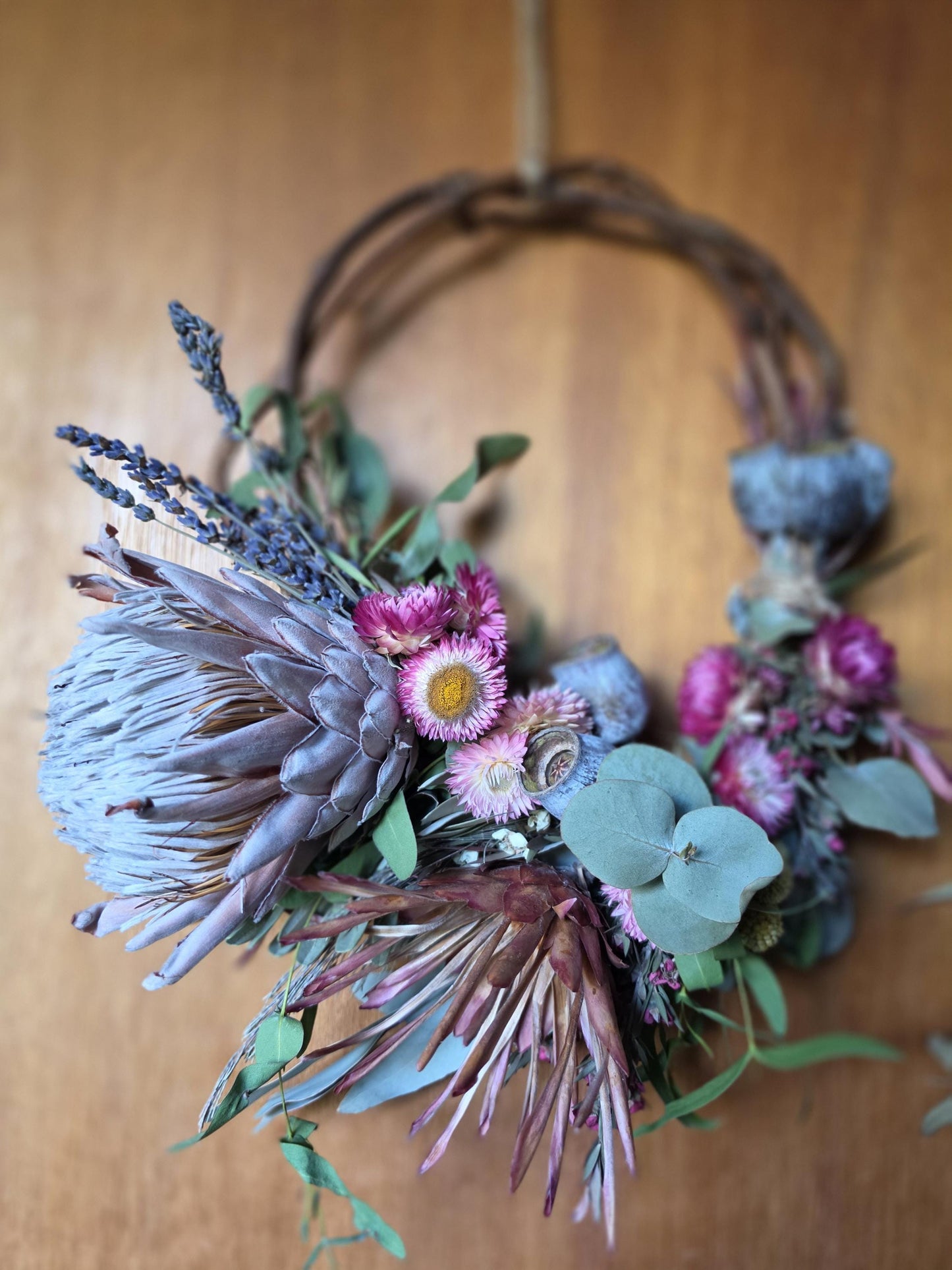 King Protea and Australian Native Wildflower Eco Wreath – Gumnut Essential Oil Diffuser - Natures Wall Art