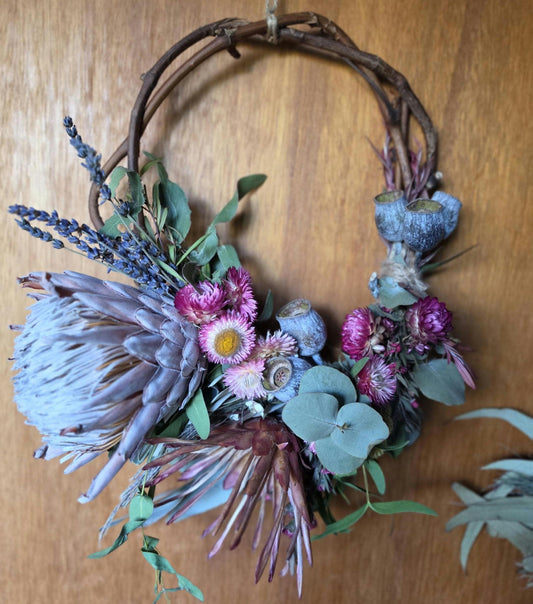 King Protea and Australian Native Wildflower Eco Wreath – Gumnut Essential Oil Diffuser - Natures Wall Art