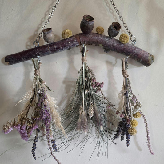 Rustic Dried Flower Wall Hanging with Silver Princess Gumnuts and Billy Buttons - Home Decoration - natural wall art