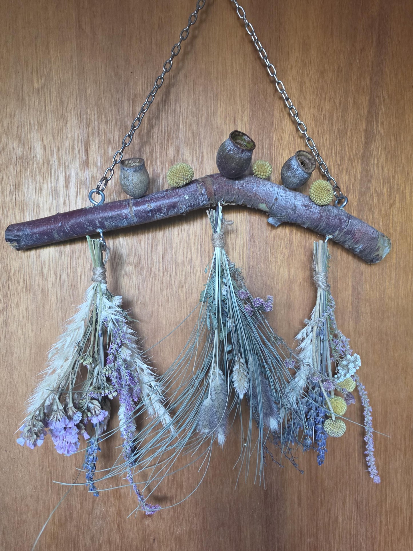 Rustic Dried Flower Wall Hanging with Silver Princess Gumnuts and Billy Buttons - Home Decoration - natural wall art