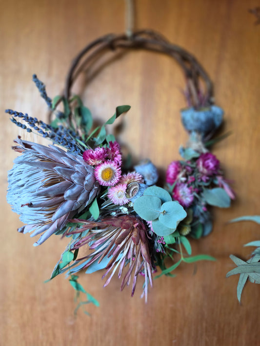 King Protea and Australian Native Wildflower Eco Wreath – Gumnut Essential Oil Diffuser - Natures Wall Art