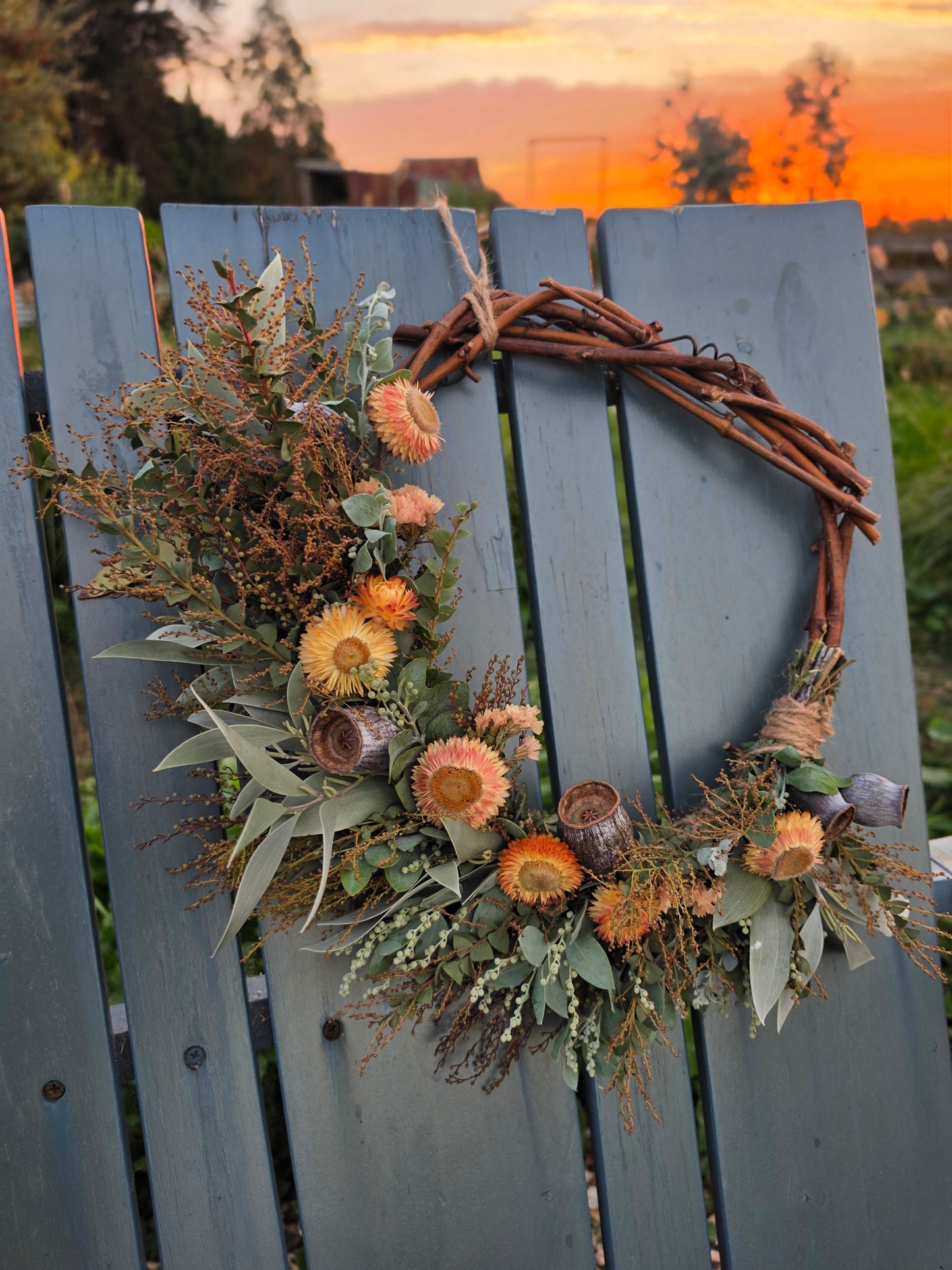 Australian Native Wattle Wreath – Acacia, Wildflowers, Strawflowers, Gumnuts