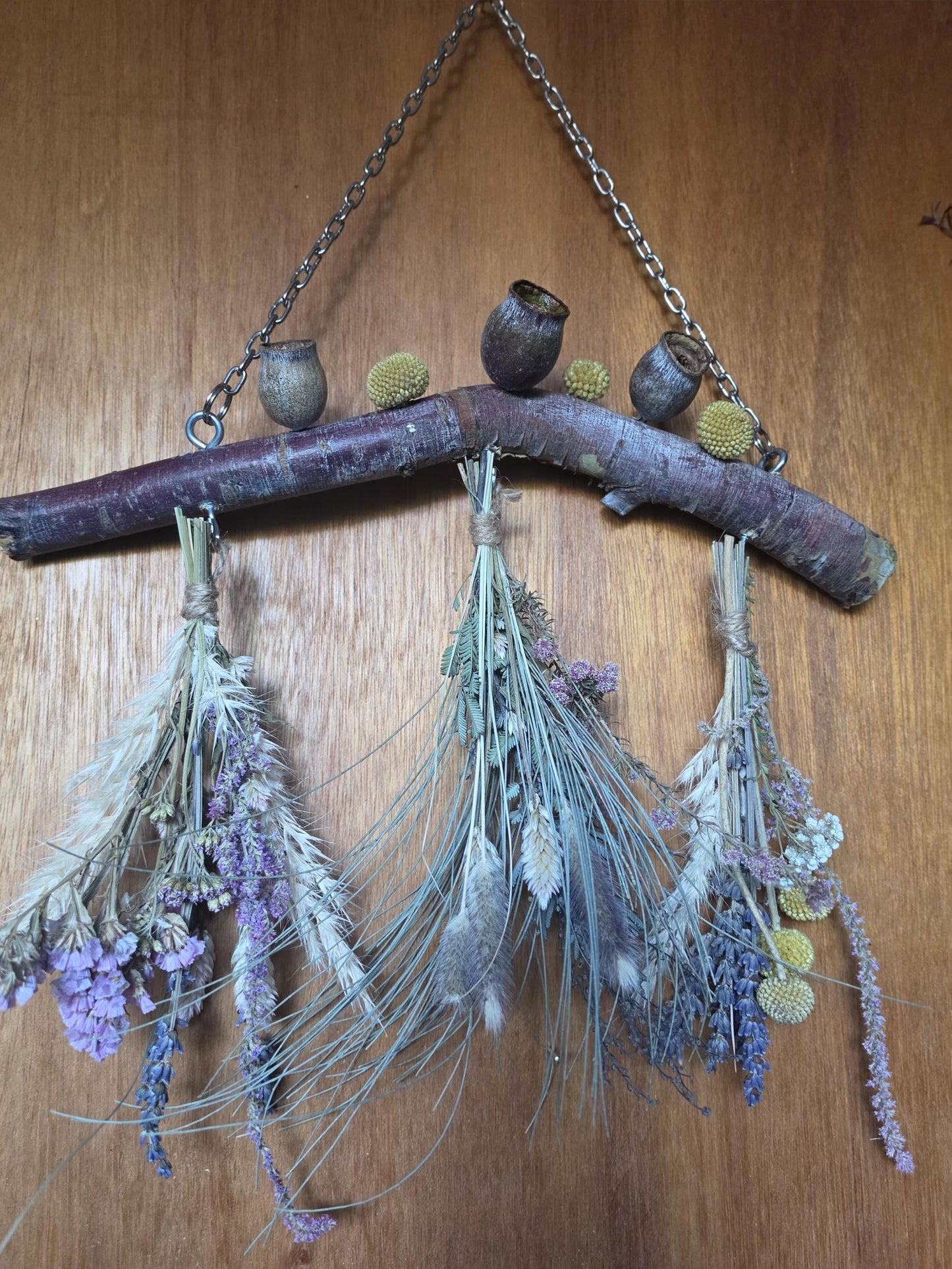 Rustic Dried Flower Wall Hanging with Silver Princess Gumnuts and Billy Buttons - Home Decoration - natural wall art