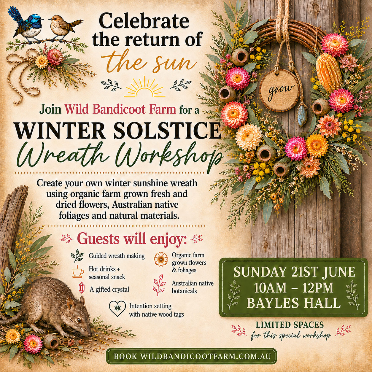 Winter Solstice Sunshine Wreath Workshop, Sunday June 21:  10am - 12pm