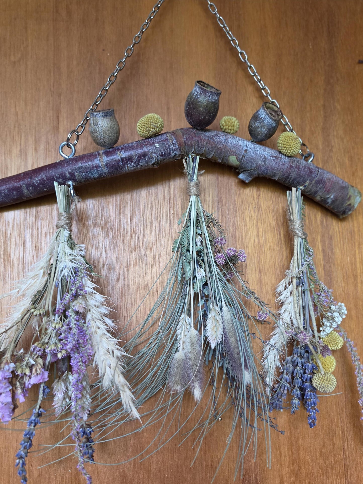Rustic Dried Flower Wall Hanging with Silver Princess Gumnuts and Billy Buttons - Home Decoration - natural wall art