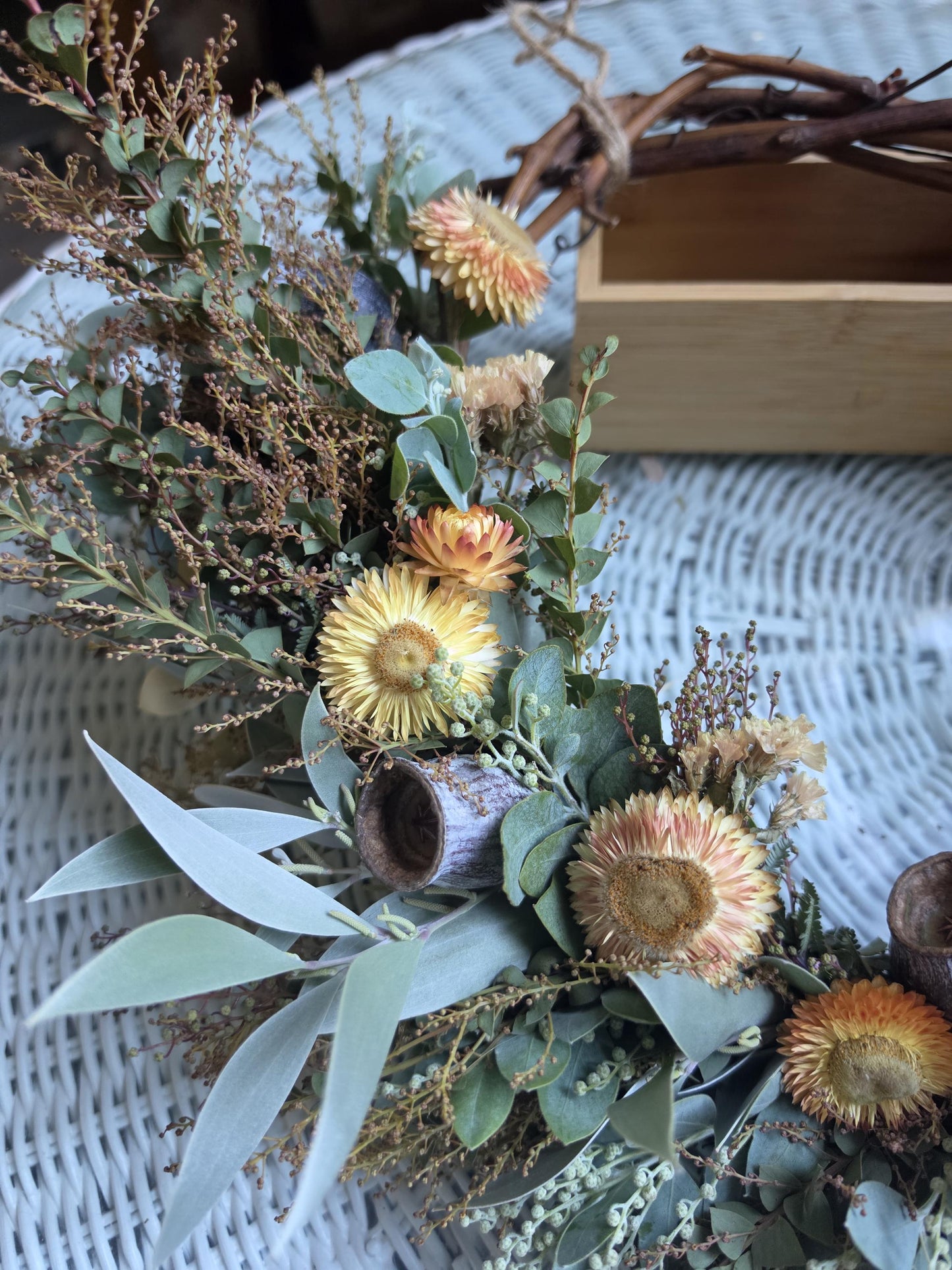 Australian Native Wattle Wreath – Acacia, Wildflowers, Strawflowers, Gumnuts